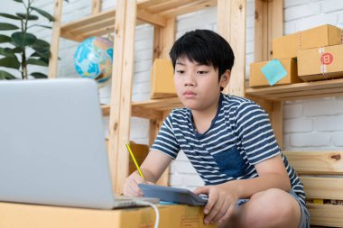 Evde çalışan genç Asyalı çocuk, genç işletme online satıcı sahibi, Sevkiyat Projesi, Çevrimiçi İşletme veya KOBİ Konsepti olan çocuk,.
