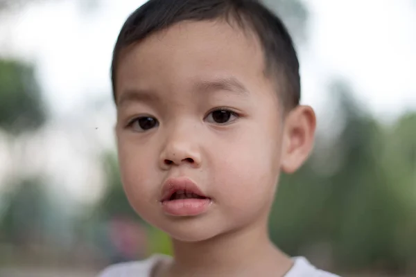 Närbild Happy Asiatiska Pojke Ler Parken Lite Asiatiska Barn Porträttfoto Stockbild