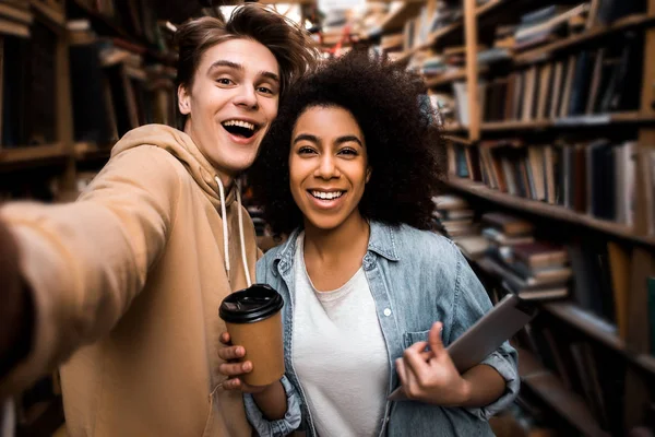 Positive Happy Selfie Photo Two Students Friends Multicultural Couple Library — Stock Photo, Image