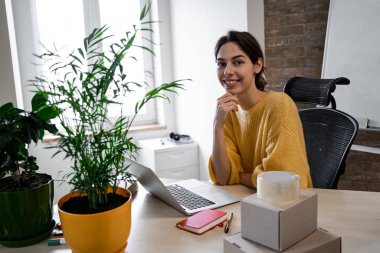 Laptop bilgisayar, modern dijital teknoloji. İnternet üzerinden satış yapan küçük bir işletme sahibi. Çevrimiçi Satış, E-Ticaret, Çevrimiçi İş, posta paketi, çevrimiçi satış, dağıtım konsepti.
