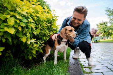 Güzel genç hippi köpeğini parkta gezdiriyor, eğleniyor ve dinleniyor. İnsanlar ve evcil hayvanlar, evcil hayvana şefkat ve şefkat. Köpek ve sahibi en iyi arkadaşlardır..