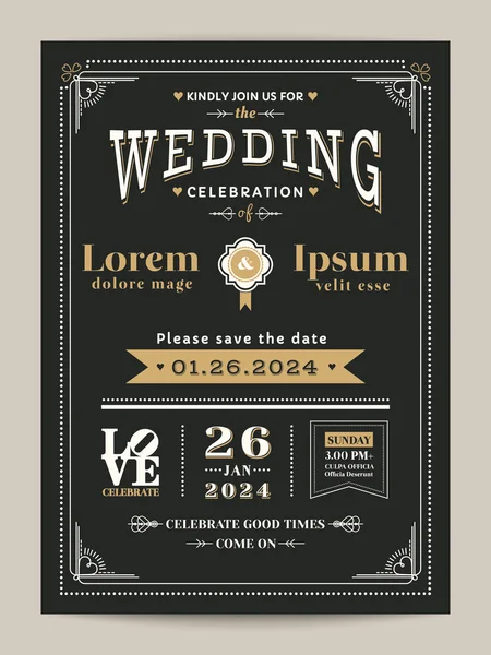 Vintage wedding invitation card with black and gold color — Stock Vector