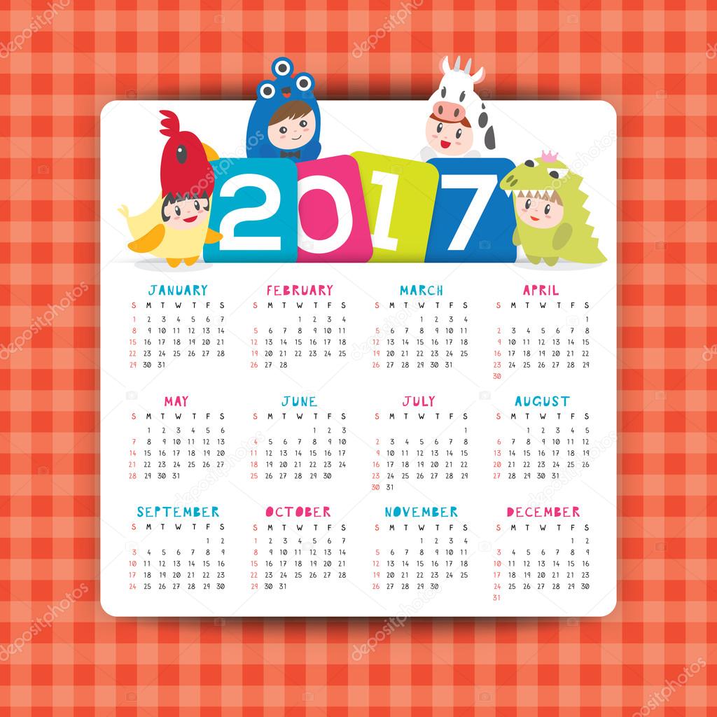gat kort ongezond 2017 calendar vector template with kids cartoon character Stock Vector  Image by ©kraphix #126334722