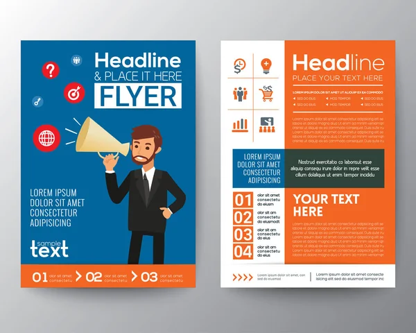 Business brochure flyer template layout with businessman holding a megaphone — Stock Vector
