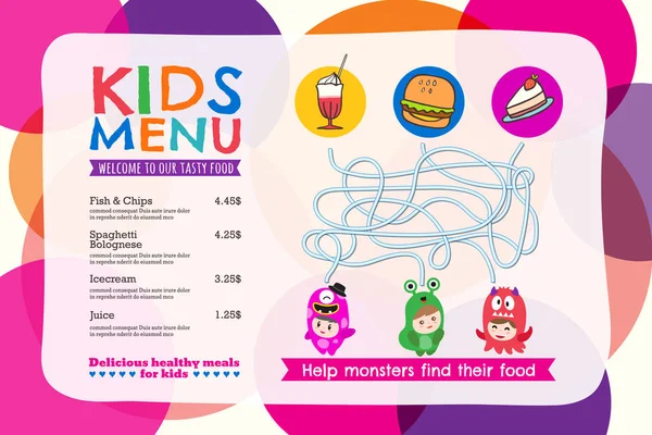 Bonito colorido crianças refeição menu placemat com fundo círculo —  Vetores de Stock