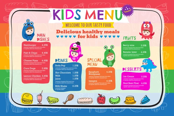 Linda plantilla de menú de comida colorida para niños — Vector de stock