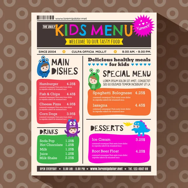 Cute colorful vibrant kids menu template in newspaper style — Stock Vector