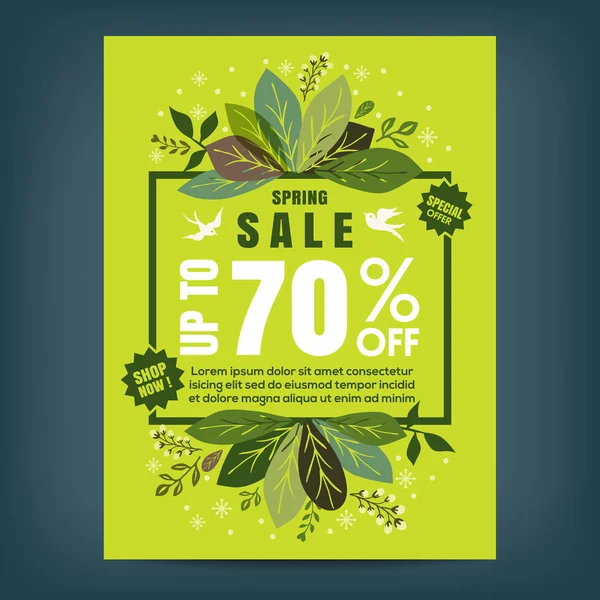 Modèle d'affiche de vente de printemps avec feuilles et cadre sur fond vert — Image vectorielle