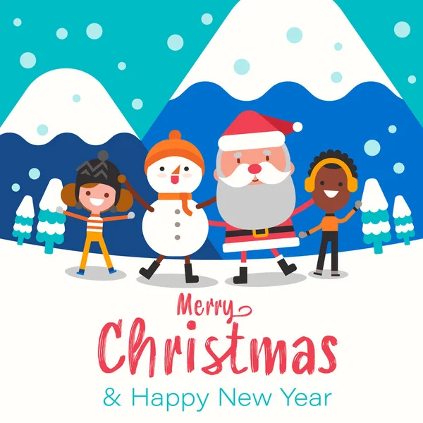 Merry Christmas! Happy Christmas companions. Santa Claus,  Snowman, boy and girl in Christmas snow scene — Stock Vector