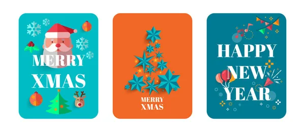 Vector Feliz Natal e Feliz Ano Novo cartão conjunto com bonito Papai Noel . — Vetor de Stock