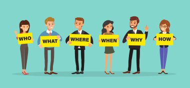 Group of business people holding board with WHO WHAT WHERE WHEN WHY HOW Questions. 5W1H concept cartoon character illustration.  clipart
