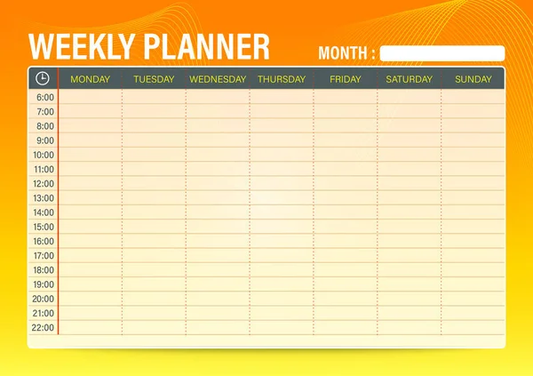 Einfache Wochenplan-Planer-Vorlage mit orange bis gelb Farbverlauf Hintergrund, Größe A4 — Stockvektor