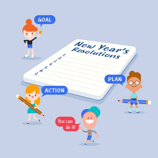 Cheerful tiny kids with New year's resolutions list on notepad. — Stock Vector