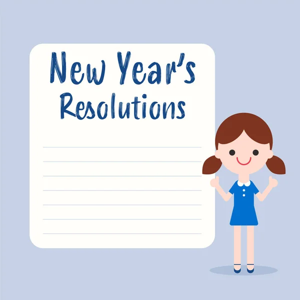 Lista de resoluciones de Año Nuevo. Dibujos animados de niña alegre con ilustración de pizarra blanca en blanco en estilo de diseño plano . — Vector de stock