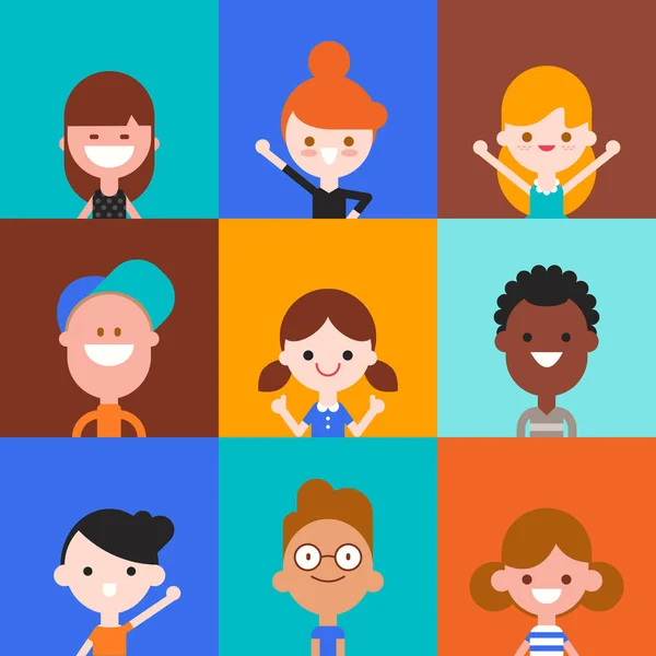 Happy kids character in flat design style isolated on colorful background. — 스톡 벡터