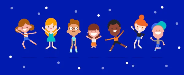Šťastné děti skákají a tancují. Dětské karikatury v různých držení těla. — Stockový vektor