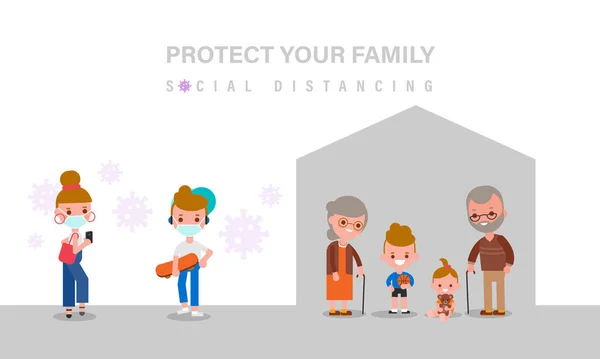 Social Distancing Ouderen Kind Moeten Thuis Blijven Voor Veiligheid Tijdens — Stockvector