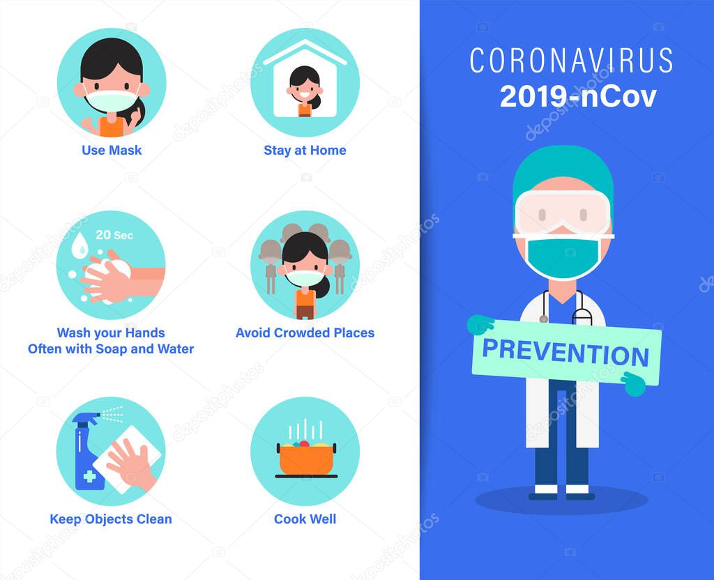 2019-nCoV covid-19 virus prevention infographics. Coronovirus protection tips. vector illustration in flat design style cartoon.