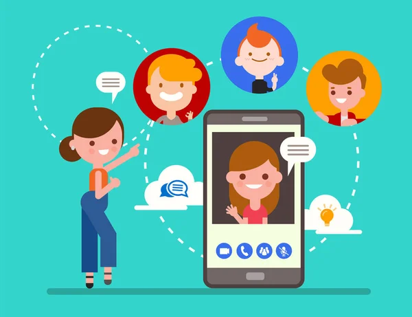 Grupo Amigos Conversando Line Por Aplicativo Chamada Vídeo Com Smartphone — Vetor de Stock