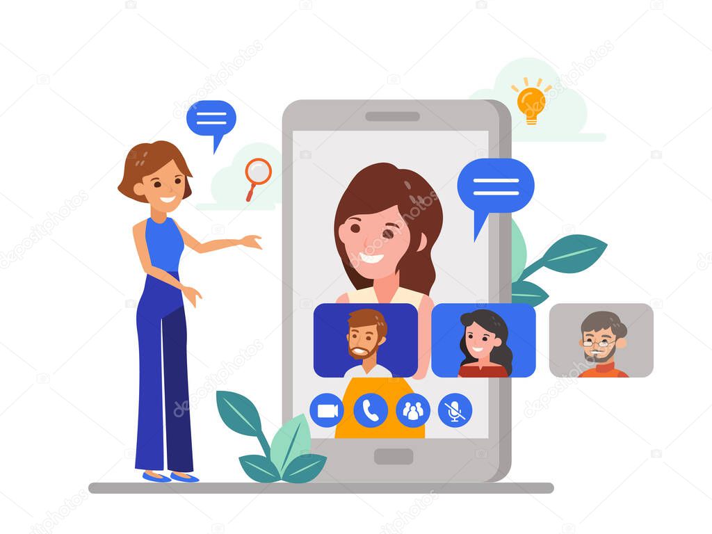 Remote working with a business team meeting held via a video conference call. Flat design style online meeting concept illustration. Online webinar, Work form home.