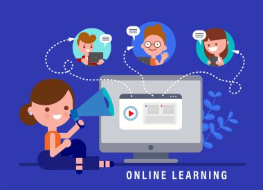 E-öğrenme çevrimiçi eğitim konsepti çizimi. İnternetteki öğretmen. Çocuklar internet üzerinden evde ders çalışıyor. düz tasarım biçiminde vektör karikatürü.
