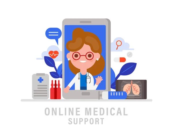 Illustrazione Del Concetto Supporto Medico Online Medico Femminile Online Sullo — Vettoriale Stock