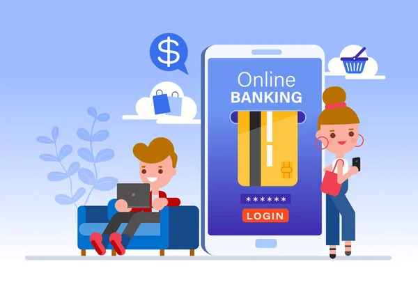 Online Bankowość Koncepcja Ludzie Postać Kreskówek Dokonywania Płatności Kartą Kredytową — Wektor stockowy