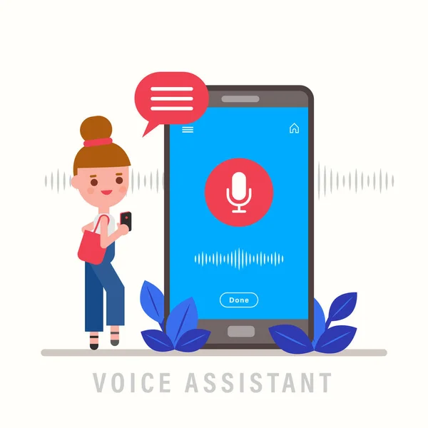 Girl Talking Phone Personal Assistant Voice Recognition Concept Flat Design — Stock Vector