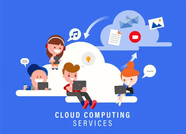 Ilustración Del Concepto Servicios Computación Nube Grupo Personas Sentadas Nube — Vector de stock
