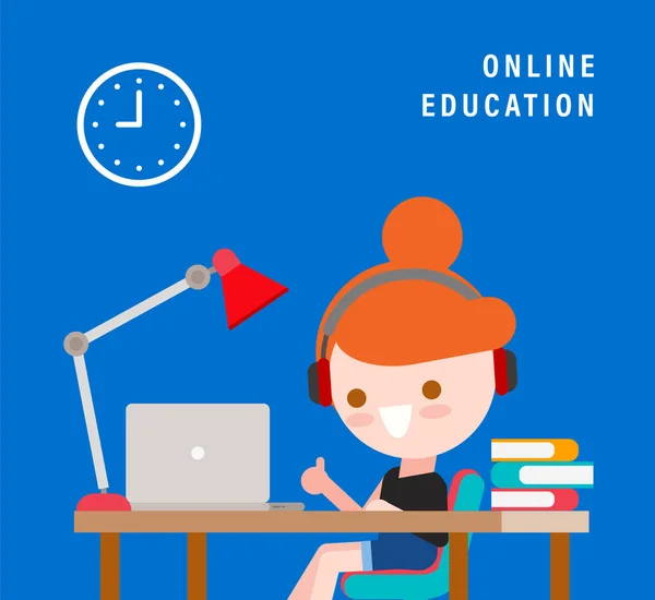 Apprendimento Online Concetto Learning Istruzione Distanza Ragazza Sorridente Con Portatile Vettoriali Stock Royalty Free