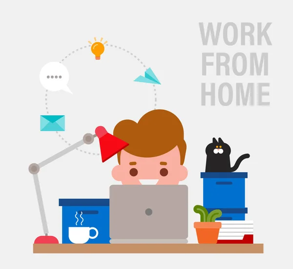 Работа Дома Счастливый Молодой Человек Работающий Удаленно Ноутбуком Векторная Иллюстрация Лицензионные Стоковые Иллюстрации
