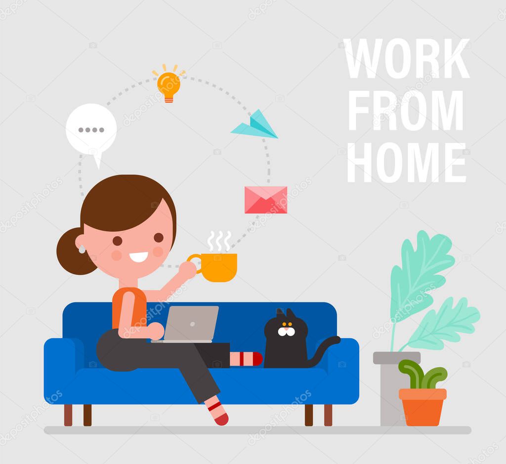 Work from home. Happy young woman sitting on sofa and working remotely on laptop computer. Vector cartoon flat style illustration.