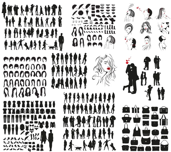 Un gran conjunto de siluetas vectoriales de personas, accesorios para mujeres y otros objetos — Archivo Imágenes Vectoriales