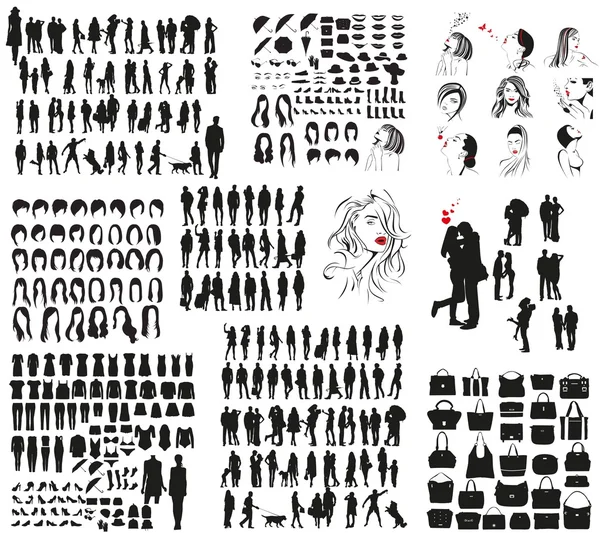 A large set of vector silhouettes of people, women's accessories and other objects — Stock Vector