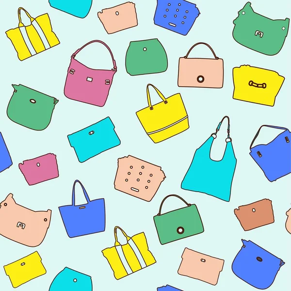 Seamless mönster av kvinnors väskor på en blå bakgrund — Stock vektor