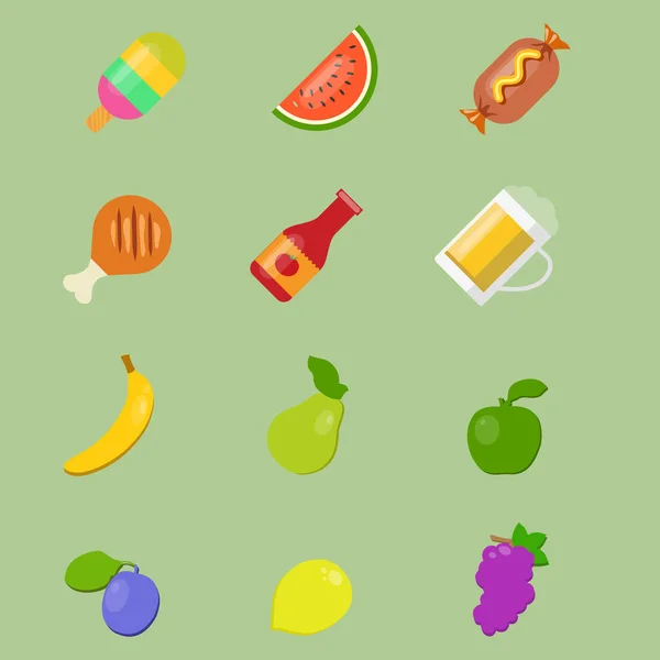 Vektorsymbole von Lebensmitteln auf grünem Hintergrund — Stockvektor