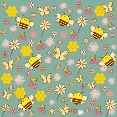 İllüstrasyonlar neşeli arı çiçekler ve kelebekler 