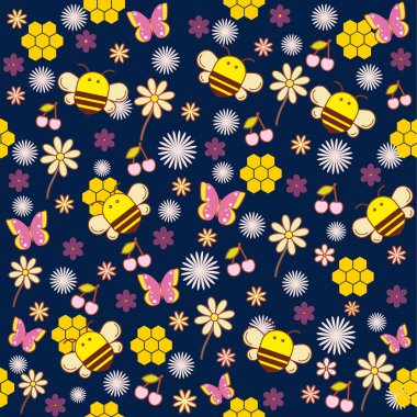 Arılar ve koyu mavi zemin üzerine çiçek seamless modeli 