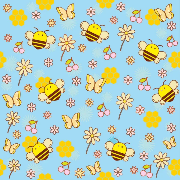 Patrón sin costura vectorial de abejas en estilo de dibujos animados — Vector de stock