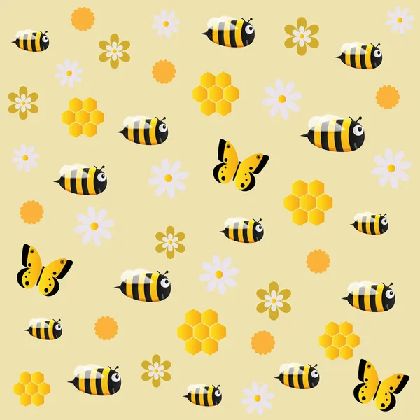 Bild von fröhlichen Bienen auf gelbem Hintergrund mit Blumen und Schmetterlingen — Stockvektor
