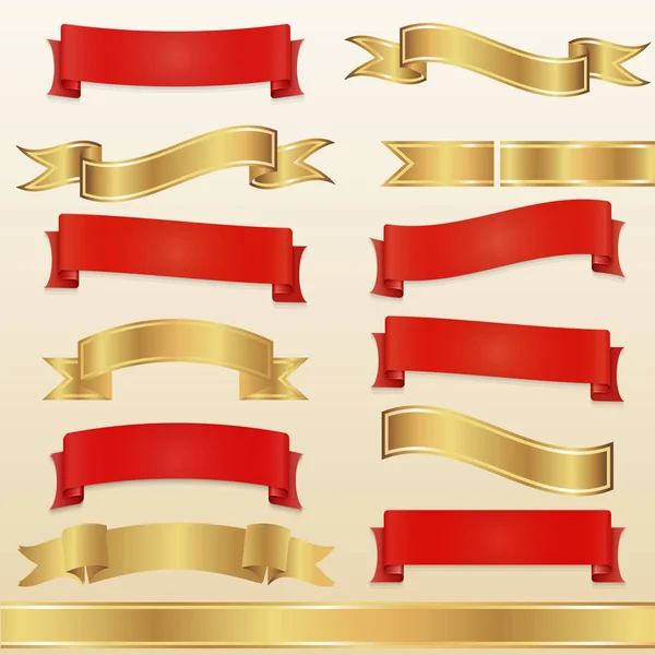 Set of red and gold ribbons and banners — Stock Vector