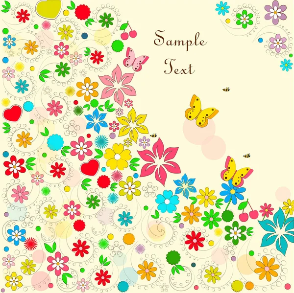 Διάνυσμα κάρτα με λουλούδια και πεταλούδες — Διανυσματικό Αρχείο