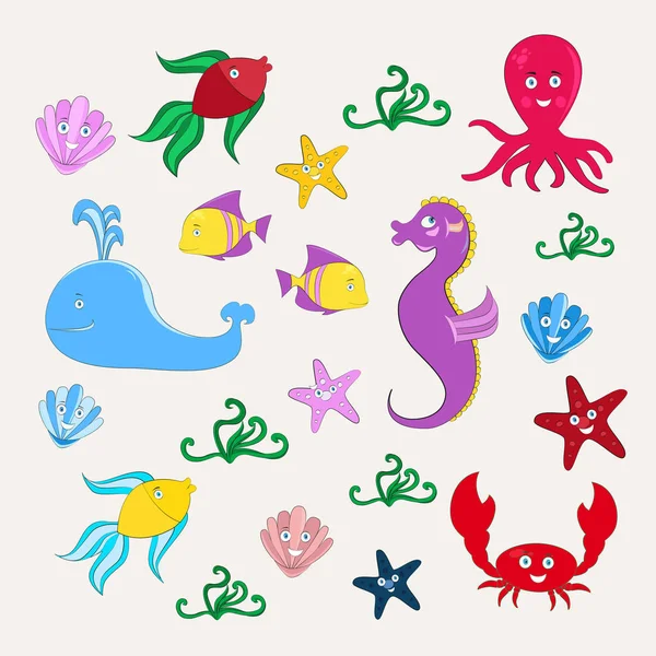 Animales de mar en estilo de dibujos animados — Vector de stock