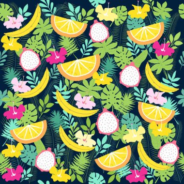 Siyah arka plan ile renkli tropikal desen 