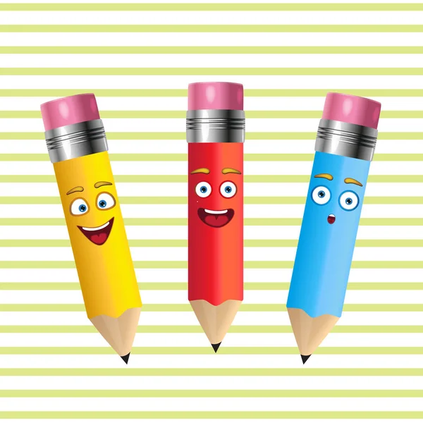 Drie vrolijke potloden op een gestreepte achtergrond — Stockvector