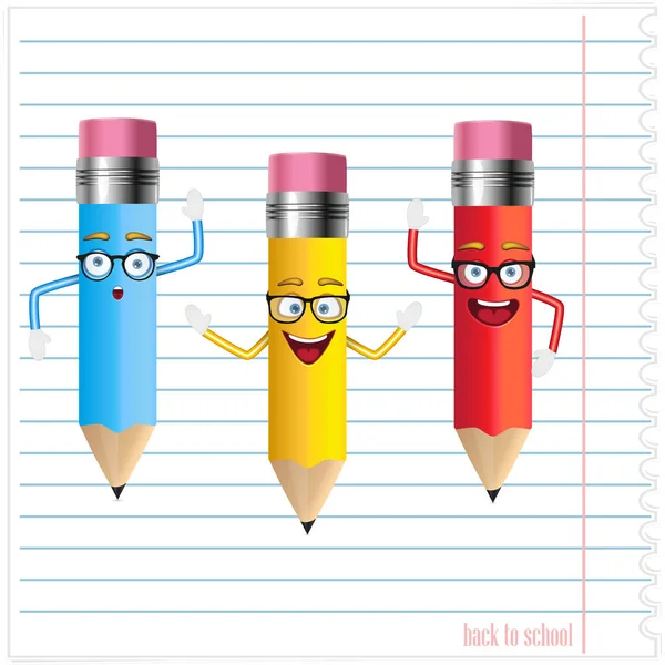 Three cheerful vector pencils on the background of a sheet of notebooks — Stock Vector