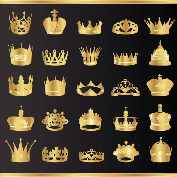 Silhouettes of gold crowns on a black background — Stock Vector