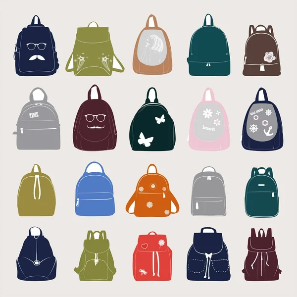 明るい背景に複数の色のバックパックのベクトル コレクション — ストックベクタ