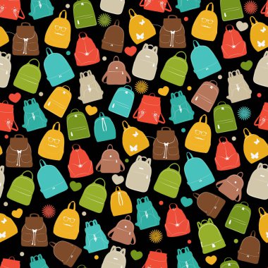 Sorunsuz vektör arka plan siyah bir zemin üzerine çok renkli sırt çantaları ile 