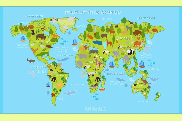 世界的向量地图与动物和植物 — 图库矢量图片